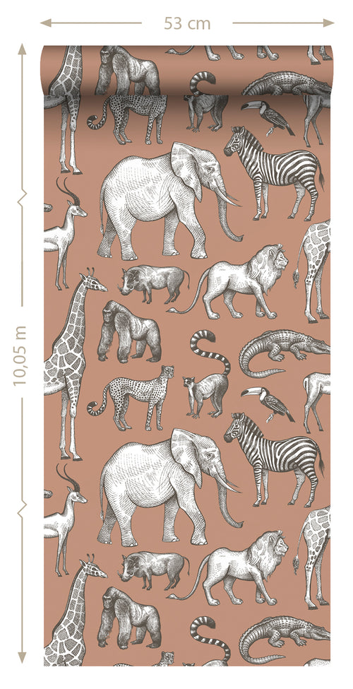 ESTAhome behang jungle dieren terracotta - 50 x 900 cm - 139512