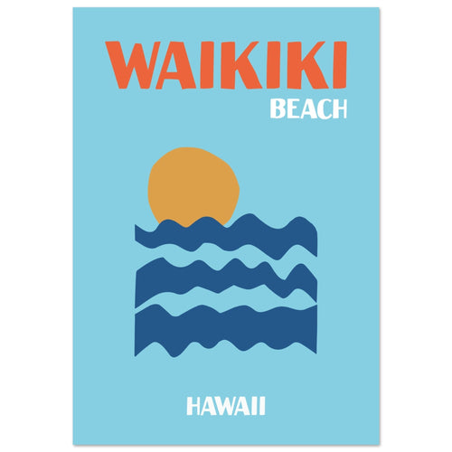 Artfulprints Poster met Lijst Hawaii - Waikiki Beach   - A4 21x29.7 cm - Blauw