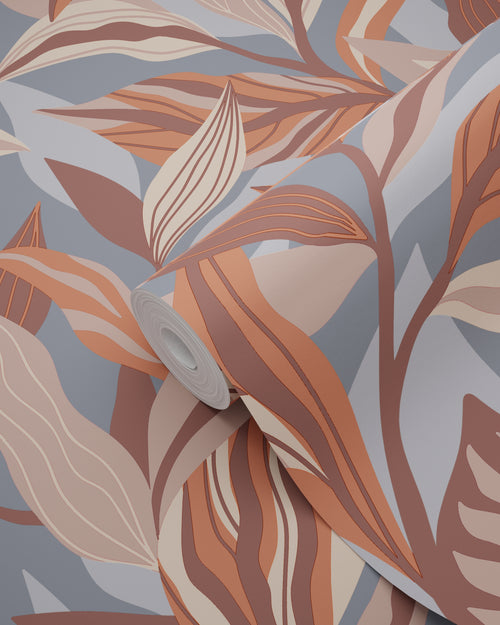 ESTAhome behang tropische bladeren terracotta en blauw - 50 x 900 cm - 132003
