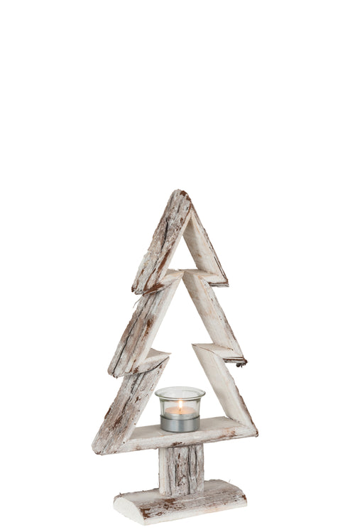J-Line theelichthouder Kerstboom - hout - bruin/wit - small