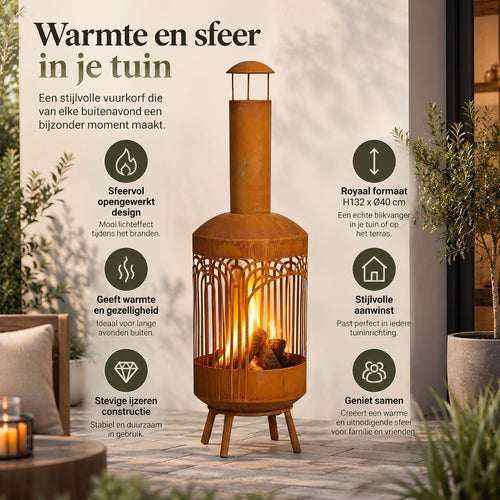 Mica Decorations Vuurkorf Roest - Vuurkorf met Opengewerkt Design van Stevig IJzer - Sfeervolle Tuinhaard met Hoge Schoorsteen voor Terras en Tuin -