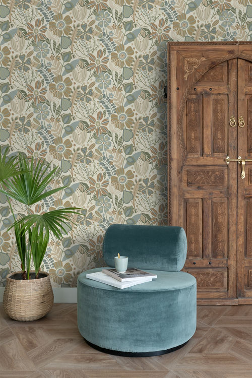 ESTAhome behang bloemmotief beige, blauw en groen - 53 cm x 10.05 m - 139676