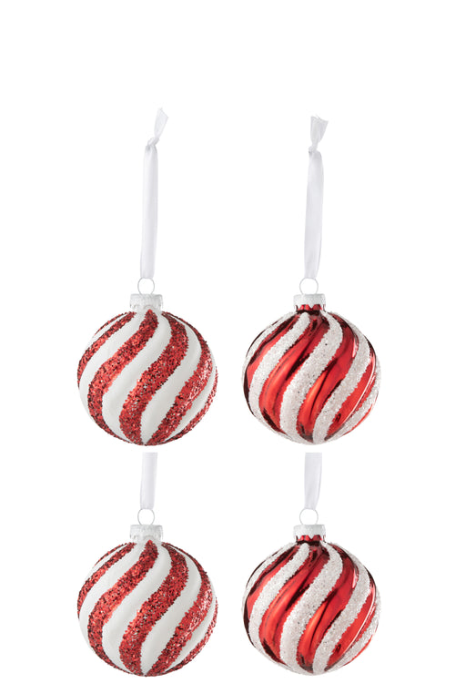 J-Line kerstbal Lijnen - glas - wit/rood - small - doos van 4