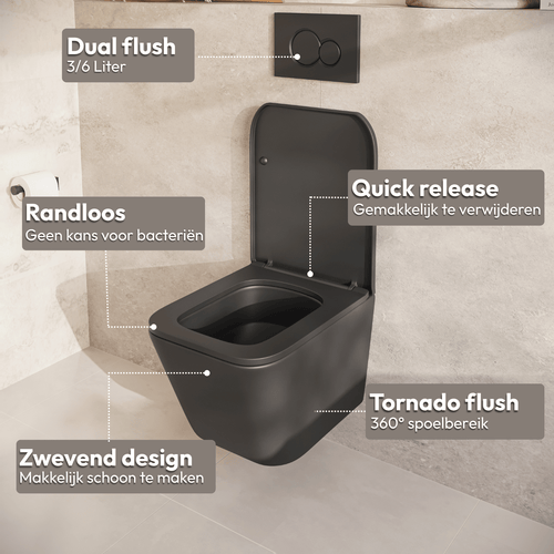 LOMAZOO hangtoiletset Linea - met inbouwreservoir & vierkante drukplaat - vierkant - gun metal / zwart
