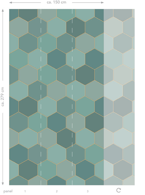ESTAhome fotobehang hexagon zeegroen en petrolblauw - 150 x 279 cm - 158958 - vtwonen shop