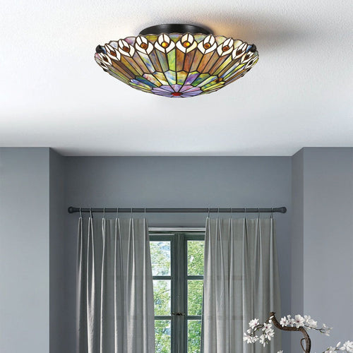 Deckenleuchte im Tiffany-Stil Valiant Bronze, Kunstglasschirm 2x E27