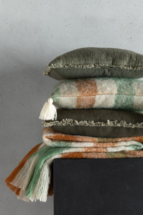 J-Line kussen Gerafelde Randen - polyester/katoen - donkergroen