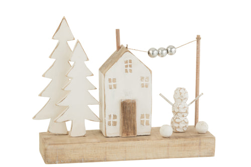 J-Line kerstdecoratie Huis Cadeau Boom Parels - hout - naturel/wit - 30 cm hoog