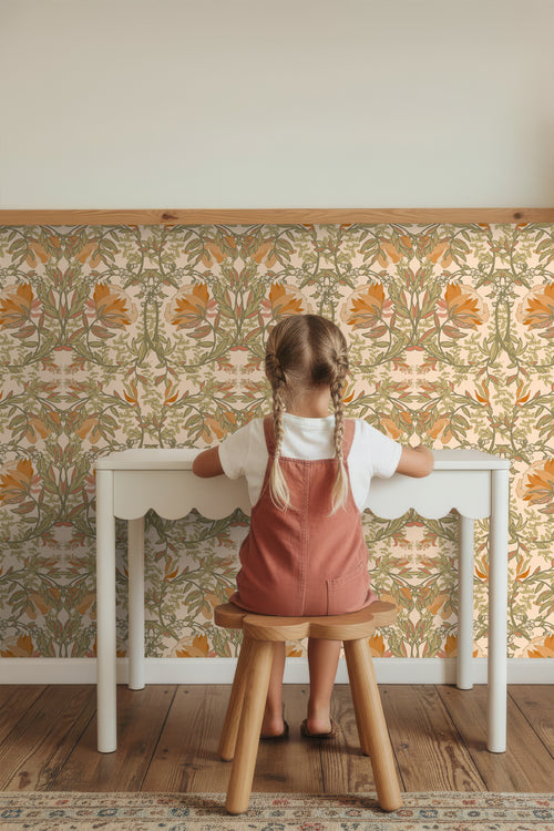 ESTAhome behang vintage bloemen in art nouveau stijl groen, oranje en beige - 50 x 900 cm - 131697