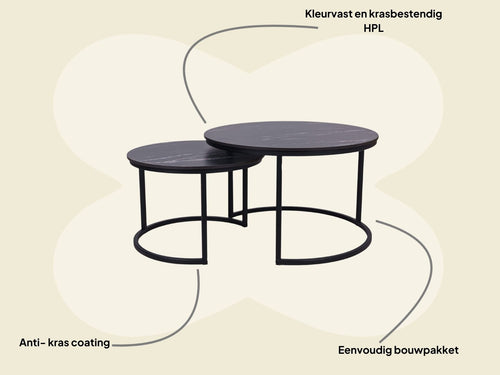 MaximaVida ronde salontafel set Firenze XL 75 en 58 cm - zwart HPL marmer look