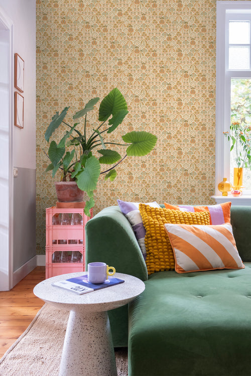 ESTAhome behang vintage bloemen in art nouveau stijl oranje en okergeel - 50 x 900 cm - 131509 - vtwonen shop