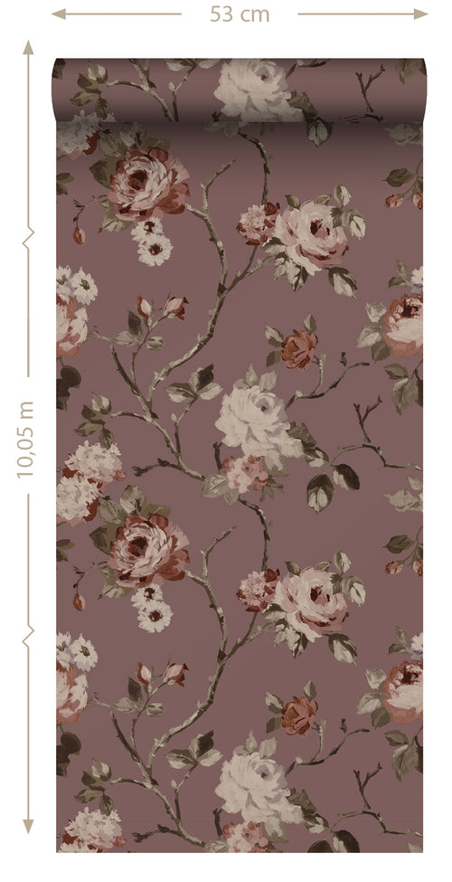 ESTAhome behang vintage bloemen aubergine paars - 50 x 900 cm - 131127 - vtwonen shop