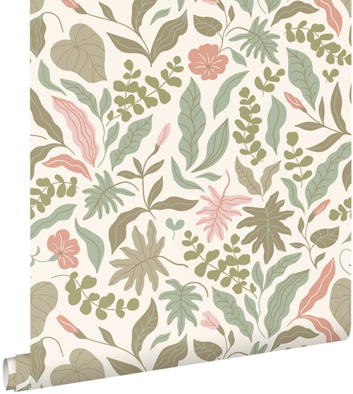 ESTAhome behang bladeren en bloemen vergrijsd groen en roze - 50 x 900 cm - 131050 - vtwonen shop