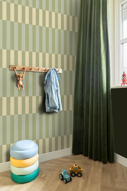 ESTAhome behang linnen-look strepen groen, blauw en beige - 50 x 900 cm - 132250