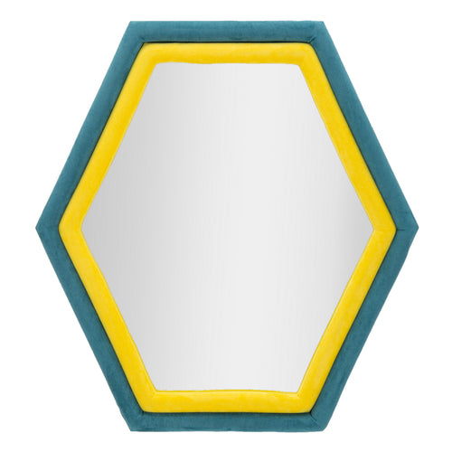 Hexagonale wandspiegel in blauw en geel 75x4x80 cm
