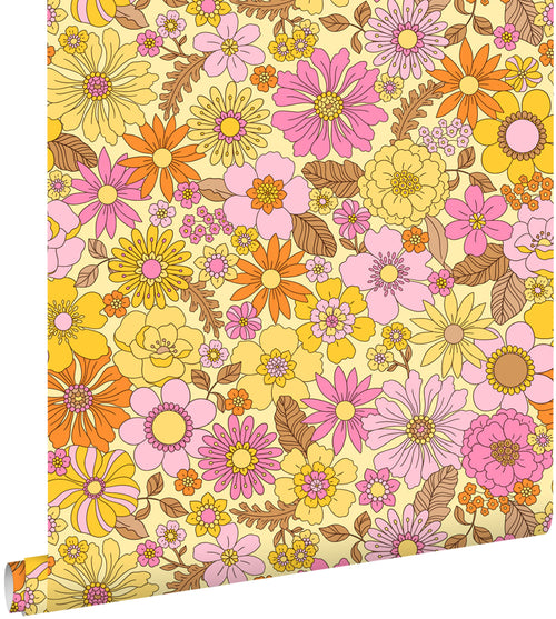 ESTAhome behang retro bloemen geel, roze en oranje - 50 x 900 cm - 131811