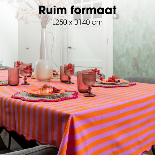Mica Decorations Gestreept Tafelkleed voor Eettafel - Tafellaken voor Binnen en Buiten 250 x 140 cm - Tafelzeil 100% Katoen - Oranje, Roze