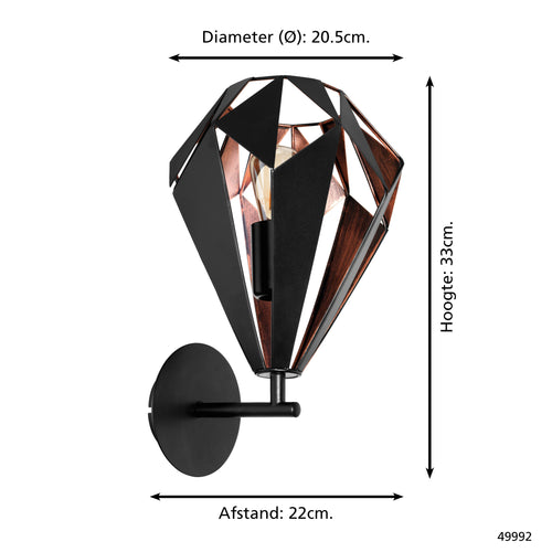 EGLO wandlamp Carlton 1 - e27 - 33 cm - zwart/koper - vtwonen shop