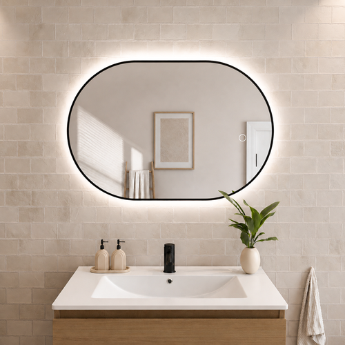 LOMAZOO badkamerspiegel Tanger - draaibaar - met LED verlichting & spiegelverwarming - ovaal - zwart - 90 x 60 cm
