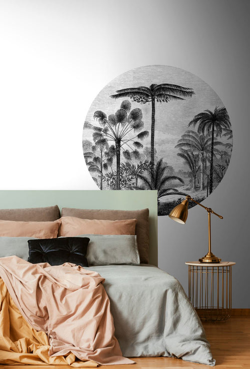 ESTAhome zelfklevende behangcirkel tropisch landschap met palmbomen zwart wit - Ø 140 cm - 159006 - vtwonen shop
