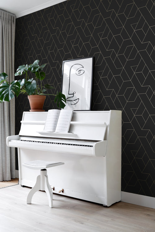 ESTAhome behang grafische lijnen zwart en goud - 50 x 900 cm - 139945 - vtwonen shop