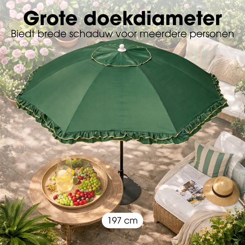 Mica Decorations Kantelbare Parasol met Ruches - Stokparasol 238 x Ø195 cm - Tuin of Balkonparasol - Polyester, Staal - Groen