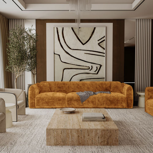 Premium Interiors - Bank LUSH - fluweel met motieven mosterd 235cm
