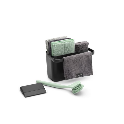 Brabantia SinkSide Schoonmaakset: schoonmaakbakje, bordenschraper, afwasborstel, microvezel sponsdoekjes en schoonmaakdoekjes - Dark Grey
