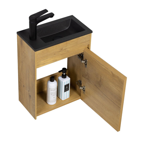 Badplaats Toiletmeubel Sinta 40 x 22 cm – Eiken – Fonteinmeubel met Zwarte Wastafel