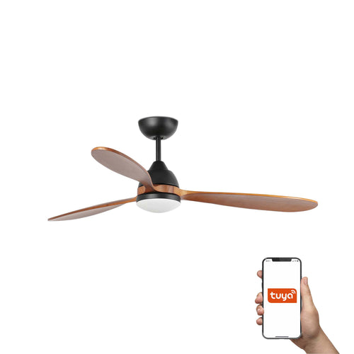 Faro Poros Grote plafondventilator met 3 bladen, matzwart, walnoot met licht 2700K Tuya Smart System