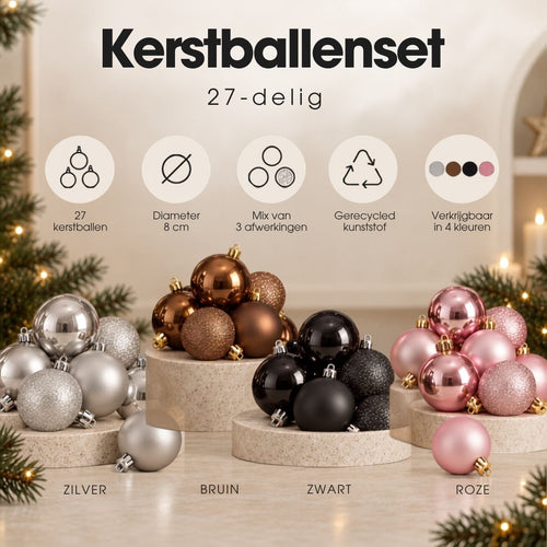 Mica Decorations Kerstballen Roze Onbreekbaar Set van 27 Stuks - Kerstballenset met Diameter 8 cm - Gemaakt van Gerecycled Polystyreen -
