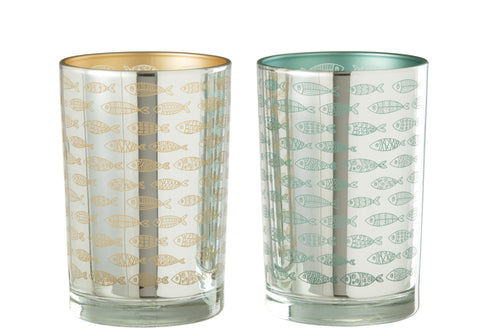 J-Line windlicht Vissen - glas - beige/blauw - large - 2 stuks - vtwonen shop