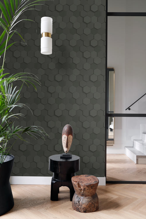Origin Wallcoverings behang 3d hexagon motief zwart - 53 cm x 10.05 m - 347854 - vtwonen shop