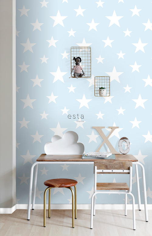 ESTAhome behang grote en kleine sterren lichtblauw en wit - 53 cm x 10.05 m - 138932