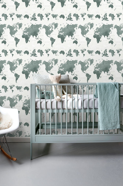 ESTAhome behang vintage wereldkaarten vergrijsd groen - 53 cm x 10.05 m - 138971