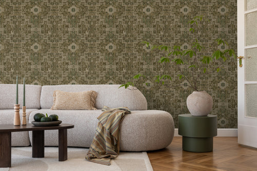 ESTAhome behang oosters kelim tapijt vergrijsd olijfgroen - 50 x 900 cm - 131359 - vtwonen shop