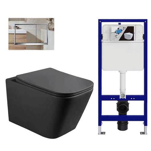 LOMAZOO hangtoiletset Linea - met inbouwreservoir & vierkante drukplaat - vierkant - chroom / zwart