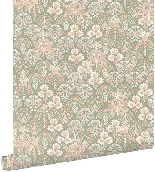 ESTAhome behang vintage bloemen in art nouveau stijl licht vergrijsd groen - 50 x 900 cm - 130969