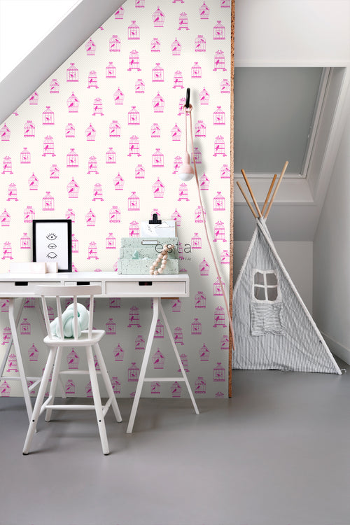 ESTAhome behang getekende vogelkooitjes roze - 53 cm x 10.05 m - 137338