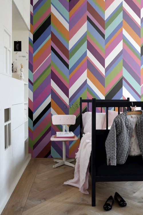 ESTAhome XXL behang zigzag motief groen, roze, paars en blauw - 50 x 900 cm - 158912