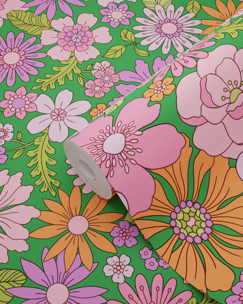 ESTAhome behang retro bloemen groen, paars, roze en oranje - 50 x 900 cm - 131806
