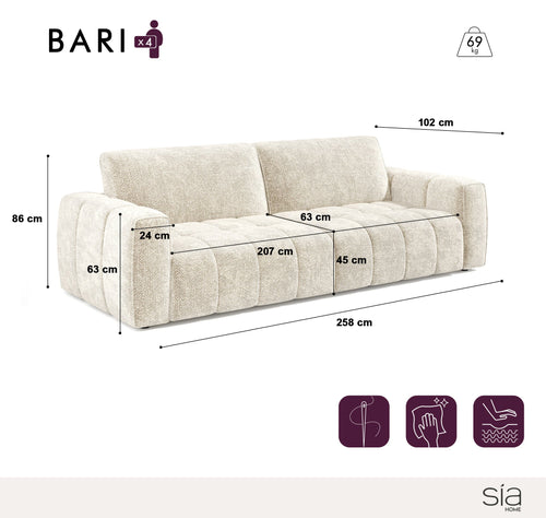 Sia Home - Rechte bank BARI - Chenille fluweel - Crème - 258cm