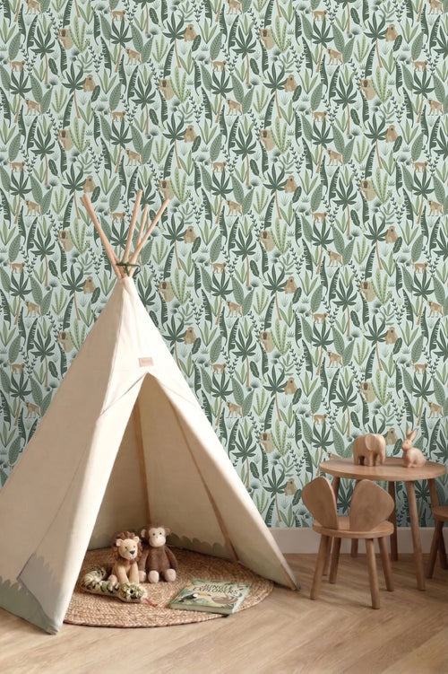 ESTAhome behang jungle apen mintgroen en donkergroen - 53 cm x 10.05 m - 139073