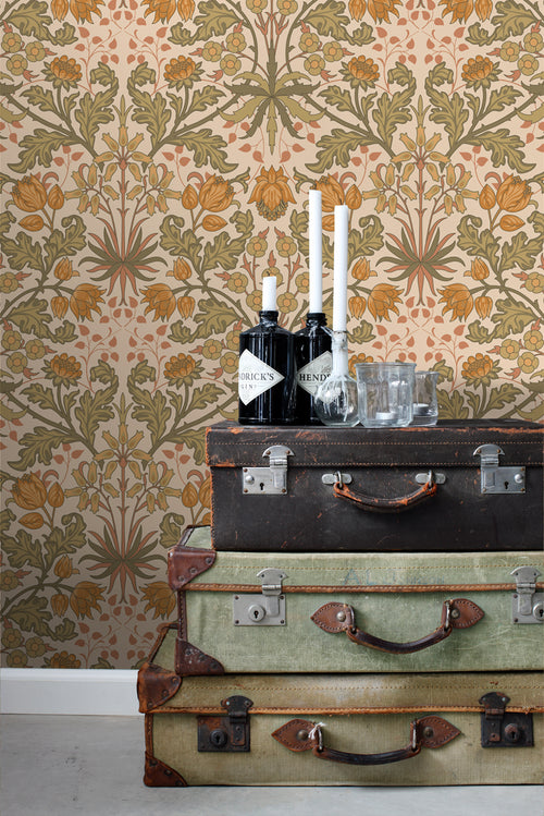 ESTAhome behang vintage bloemen in art nouveau stijl warm oranje en vergrijsd groen - 50 x 900 cm - 131175 - vtwonen shop