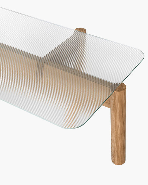 noo.ma Kob salontafel - ornamenten gehard glas, massief eiken poten, 116 x 60 x 11 cm