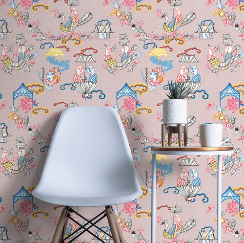 Walls4You behang surrealistisch motief oudroze en meerkleurig - 53 cm x 10 m - 640153