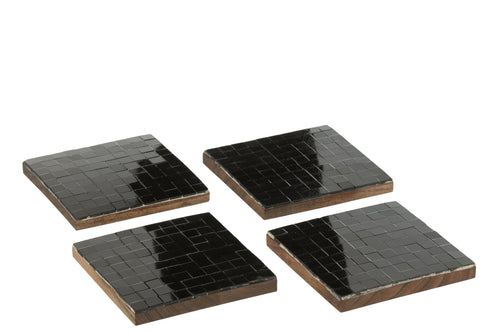 J-Line onderzetter Mozaïek - glas - zwart - doos van 4