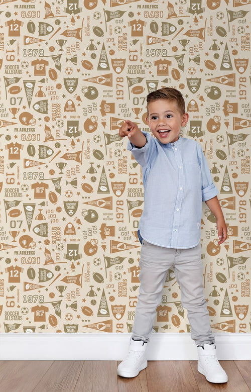 ESTAhome behang sportthema beige, rood en blauw - 50 x 900 cm - 131944