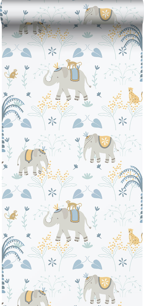 Sanders & Sanders behang olifanten blauw, grijs en wit - 53 cm x 10.05 m - 640627