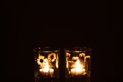 J-Line windlicht Bloem Madeliefje - glas - mix - small - 2 stuks